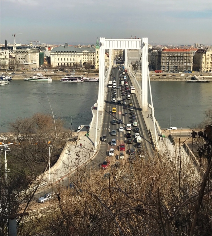 budapest and bridge full of cars